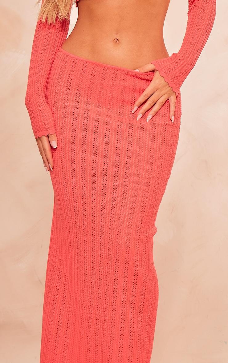 Coral Textured Crochet Knit Maxi Skirt Product Image