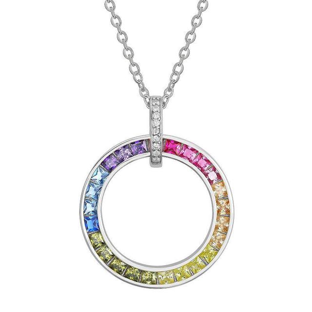 Sterling Silver Rainbow Cubic Zirconia Circle Pendant Necklace, Womens Product Image