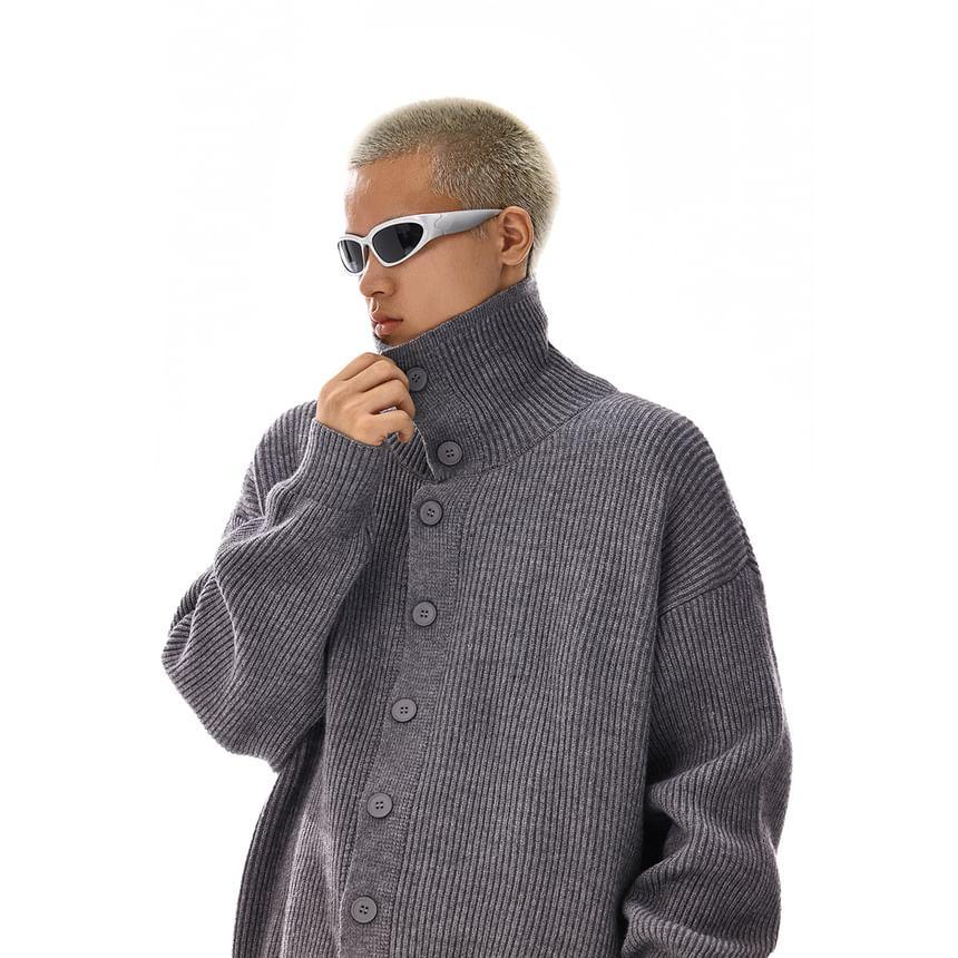 Stand Collar Plain Ribbed Knit Zip Cardigan Product Image