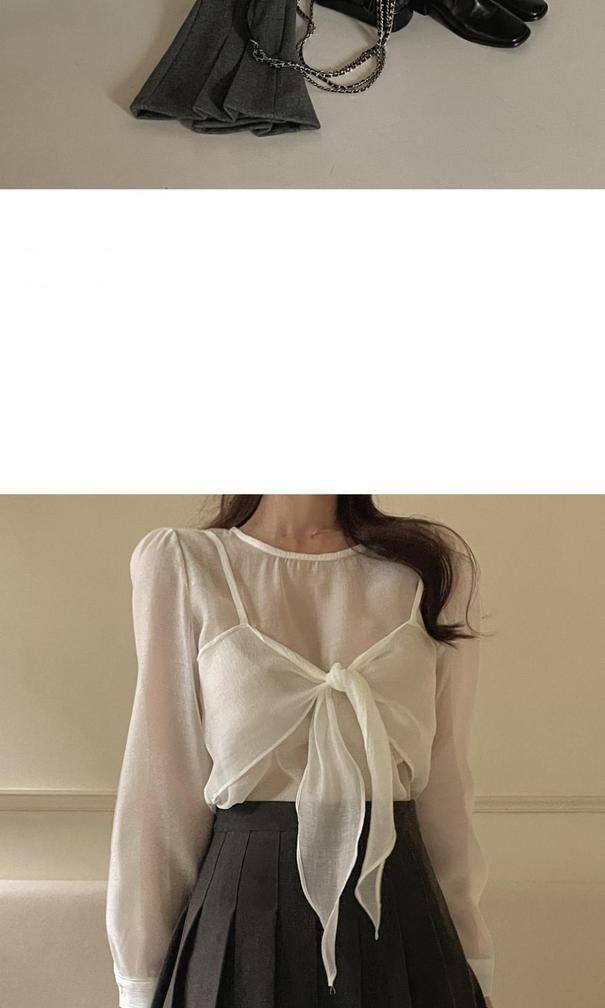 Mock Two-Piece Long-Sleeve Crew Neck Plain Knot Blouse Product Image