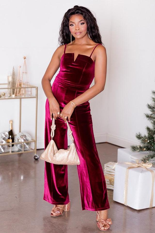 Merry Everything Merlot Knocked Bust Velvet Jumpsuit FINAL SALE Product Image