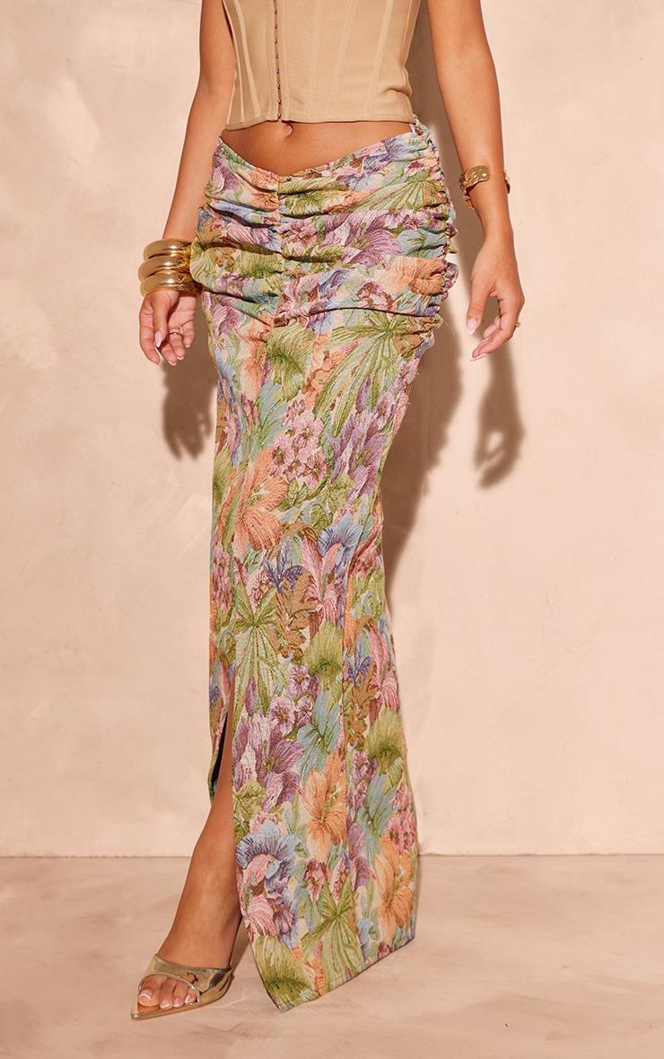 Green Jacquard Ruched Waist Split Front Maxi Skirt Product Image