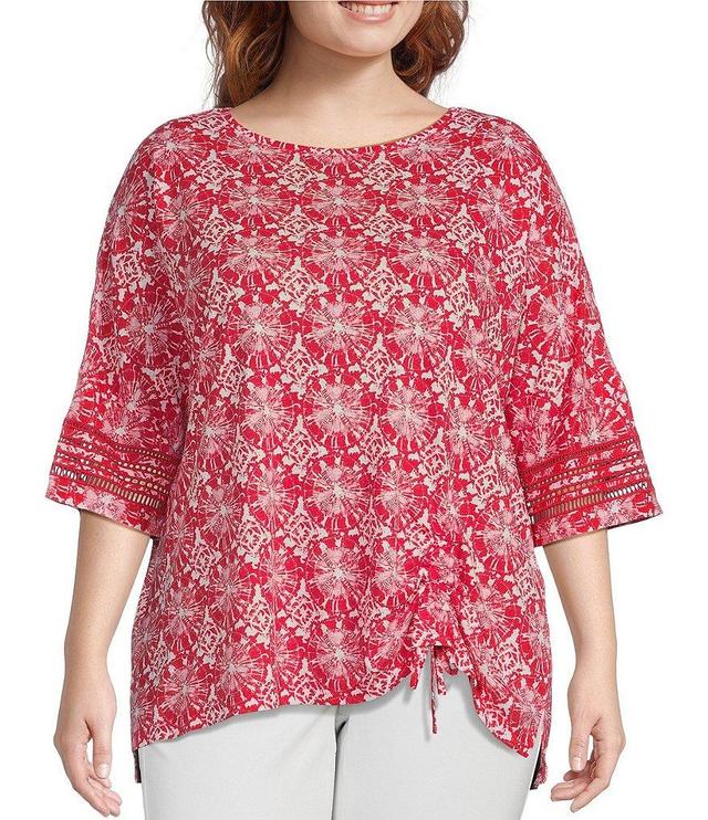 Ali Miles Plus Size Printed Knit Linen Blend Crew Neck 3/4 Sleeve Hi-Low Hem Pop Over Tunic Product Image