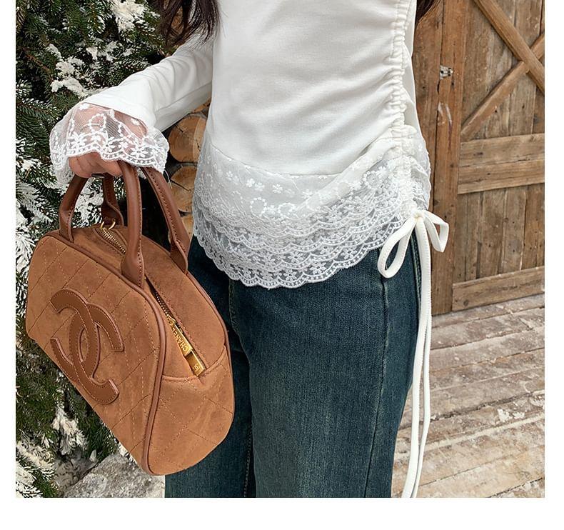 Long-Sleeve Mock Neck Lace Panel Top Product Image