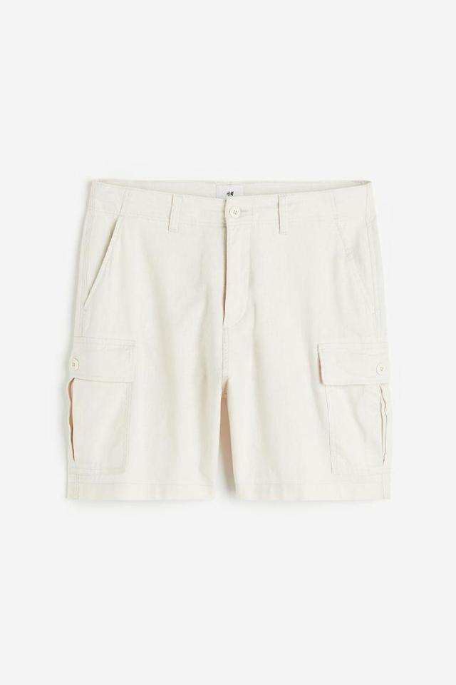 H & M - Regular Fit Linen-blend Cargo Shorts - White Product Image