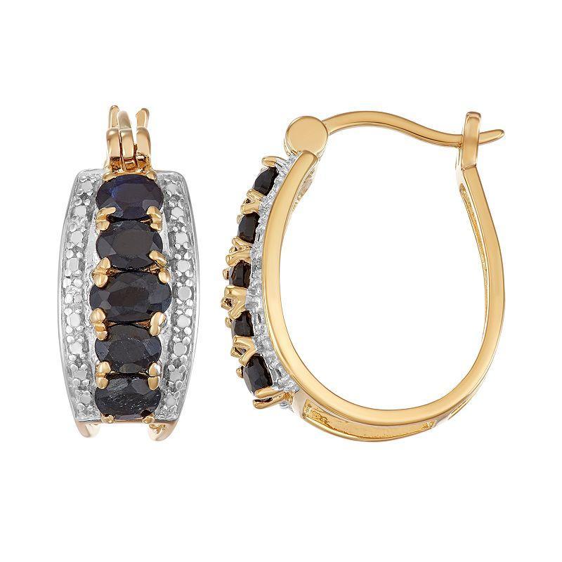 14k Gold Over Silver Black Sapphire & Diamond Accent Hoop Earrings, Womens, Gold Tone Product Image