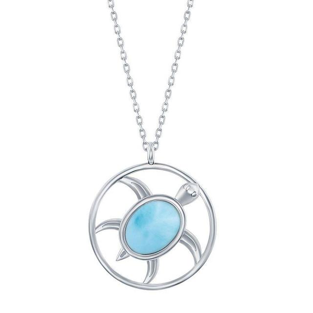 Sterling Silver Oval Larimar Turtle Necklace, Womens Product Image