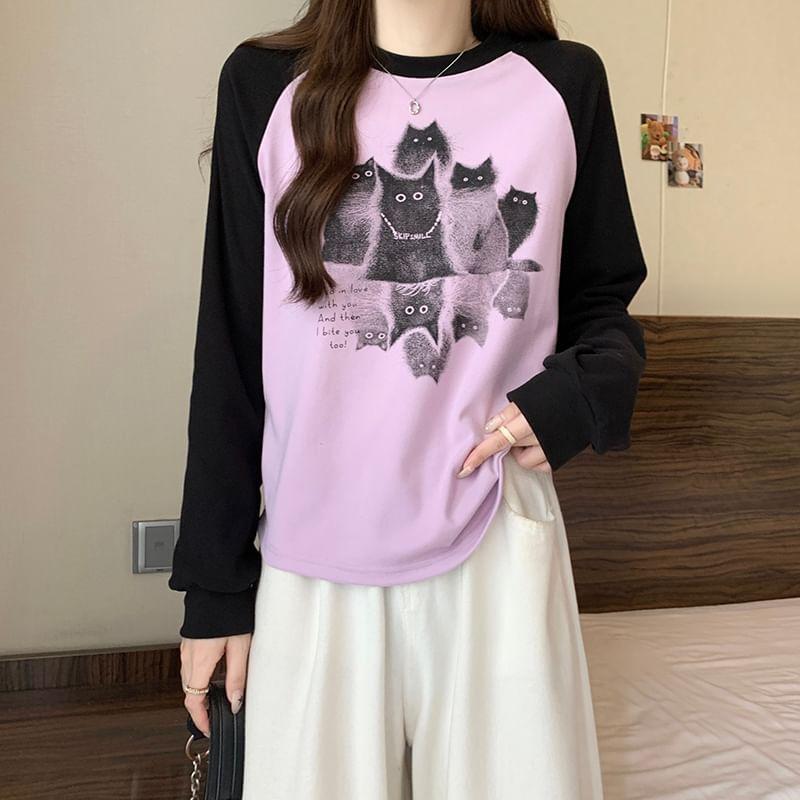 Long-Sleeve Round Neck Cat Print Raglan T-Shirt Product Image