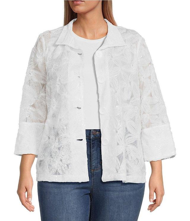 Ali Miles Plus Size Embroidered Wire Collar 3/4 Bell Sleeve Button-Front Jacket Product Image