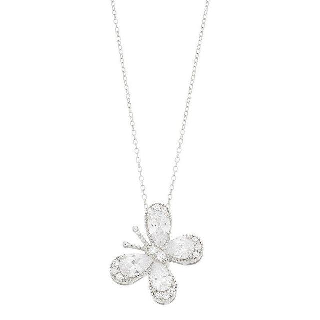 Sterling Silver Cubic Zirconia Butterfly Pendant Necklace, Womens White Product Image