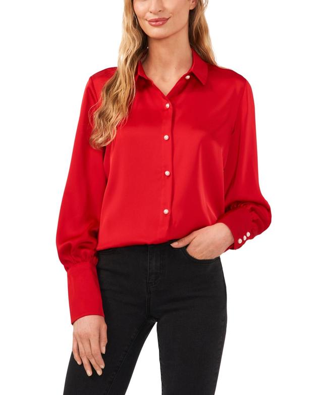 CeCe Womens Luxe Satin Imitation Pearl Button Down Blouse Product Image