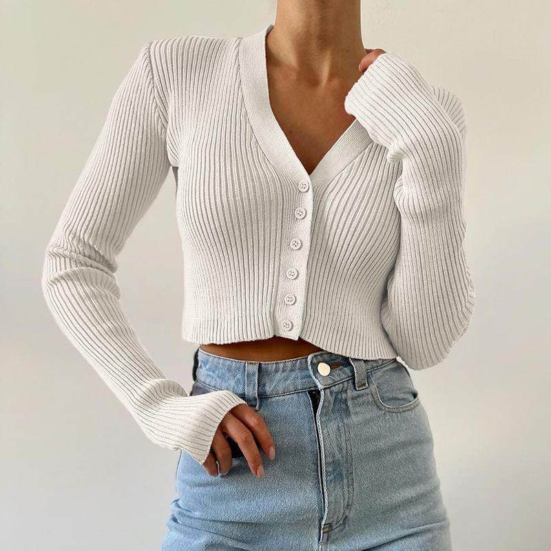 Long-Sleeve V-Neck Plain Ribbed Button Crop Knit Top Product Image