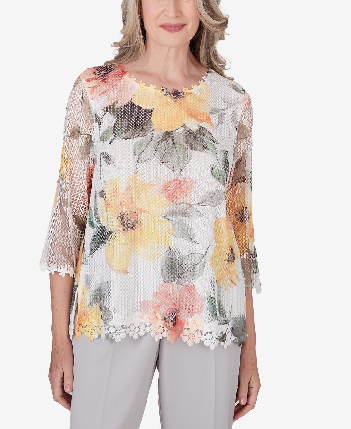 Alfred Dunner Womens Charleston Watercolor Floral Mesh Top Product Image