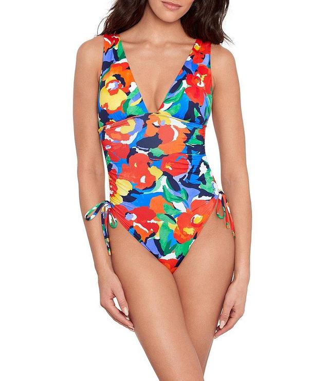 Lauren Ralph Lauren Bold Abstract Floral Print Shirred Side Tie Tank One Piece Swimsuit Product Image