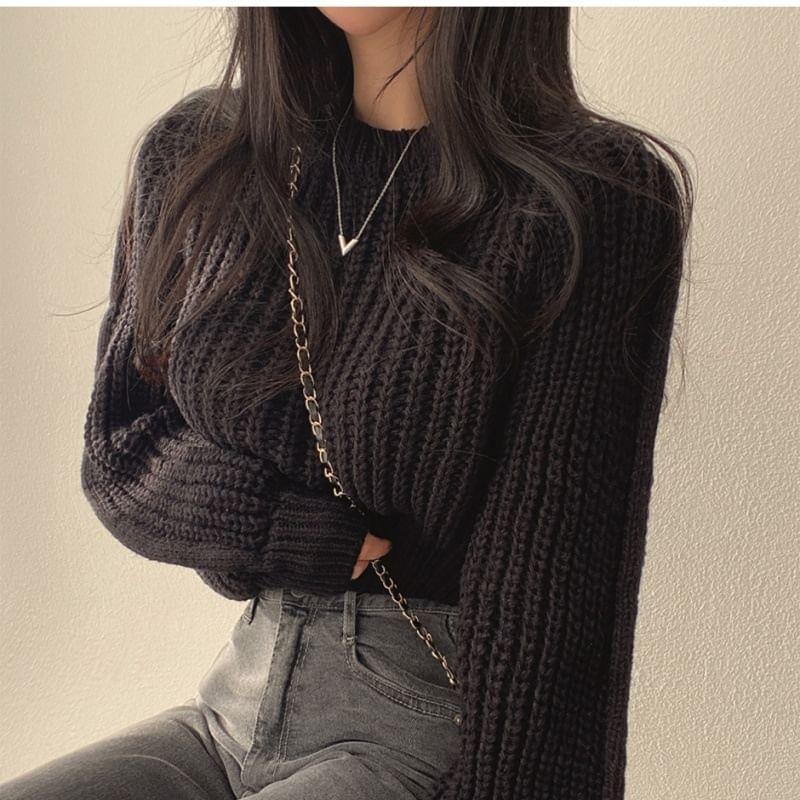 Round Neck Plain Ribbed Cropped Sweater Product Image