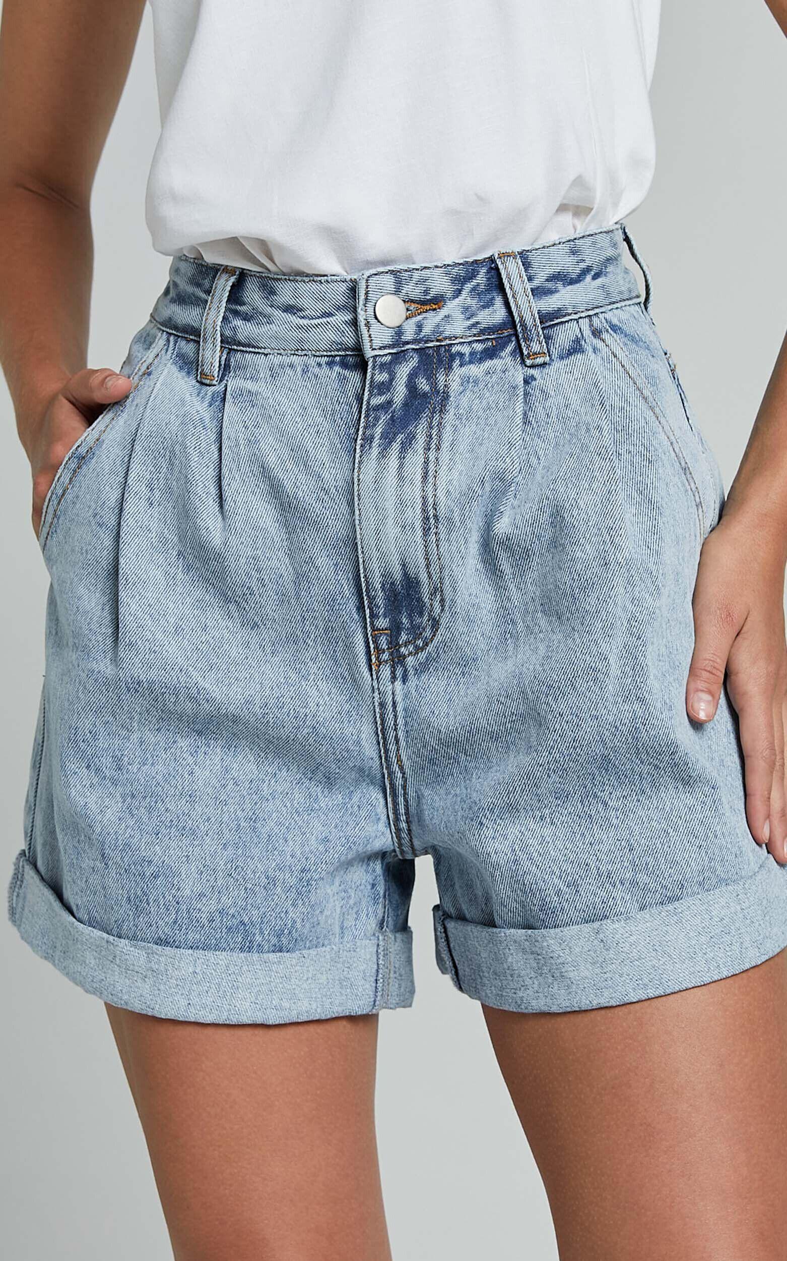 Amalie The Label - Jaylin Recycled Cotton High Waisted Denim Shorts in Light Blue Wash Product Image