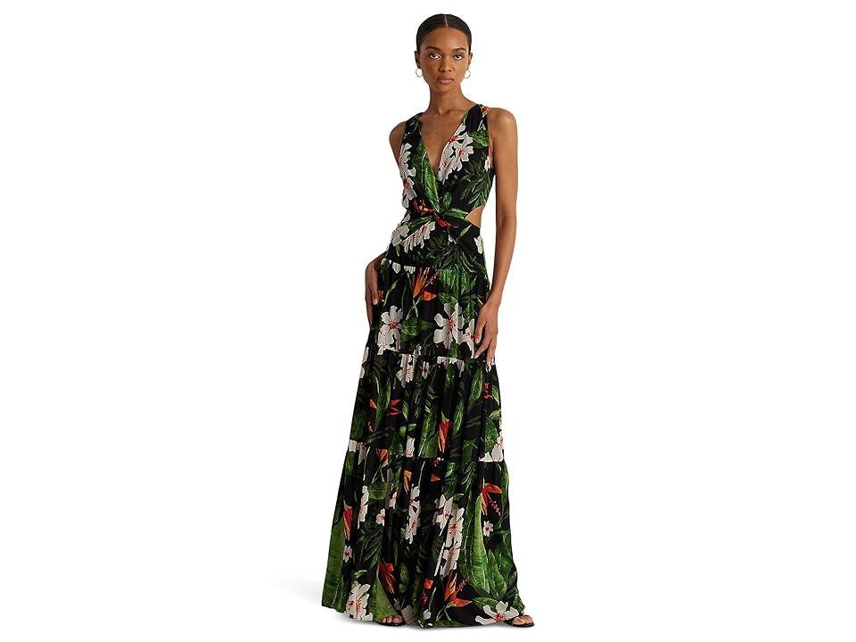 Lauren Ralph Lauren Floral Georgette Tiered Gown (Black/Green Women's Clothing Product Image