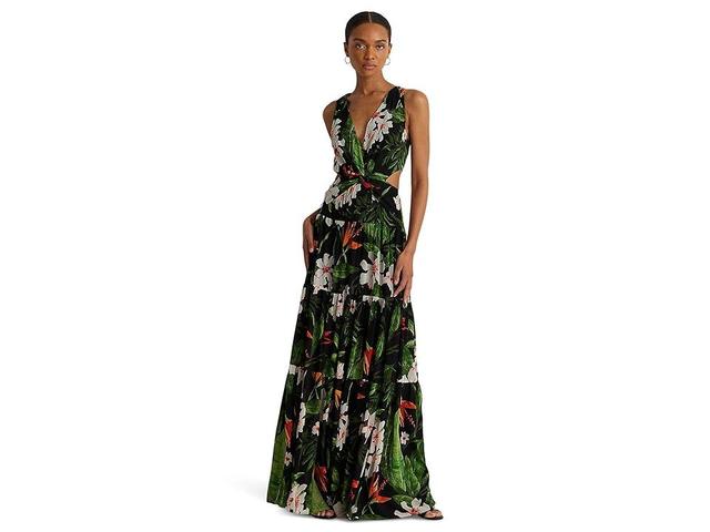 LAUREN Ralph Lauren Floral Georgette Tiered Gown (Black/Green Women's Clothing Product Image