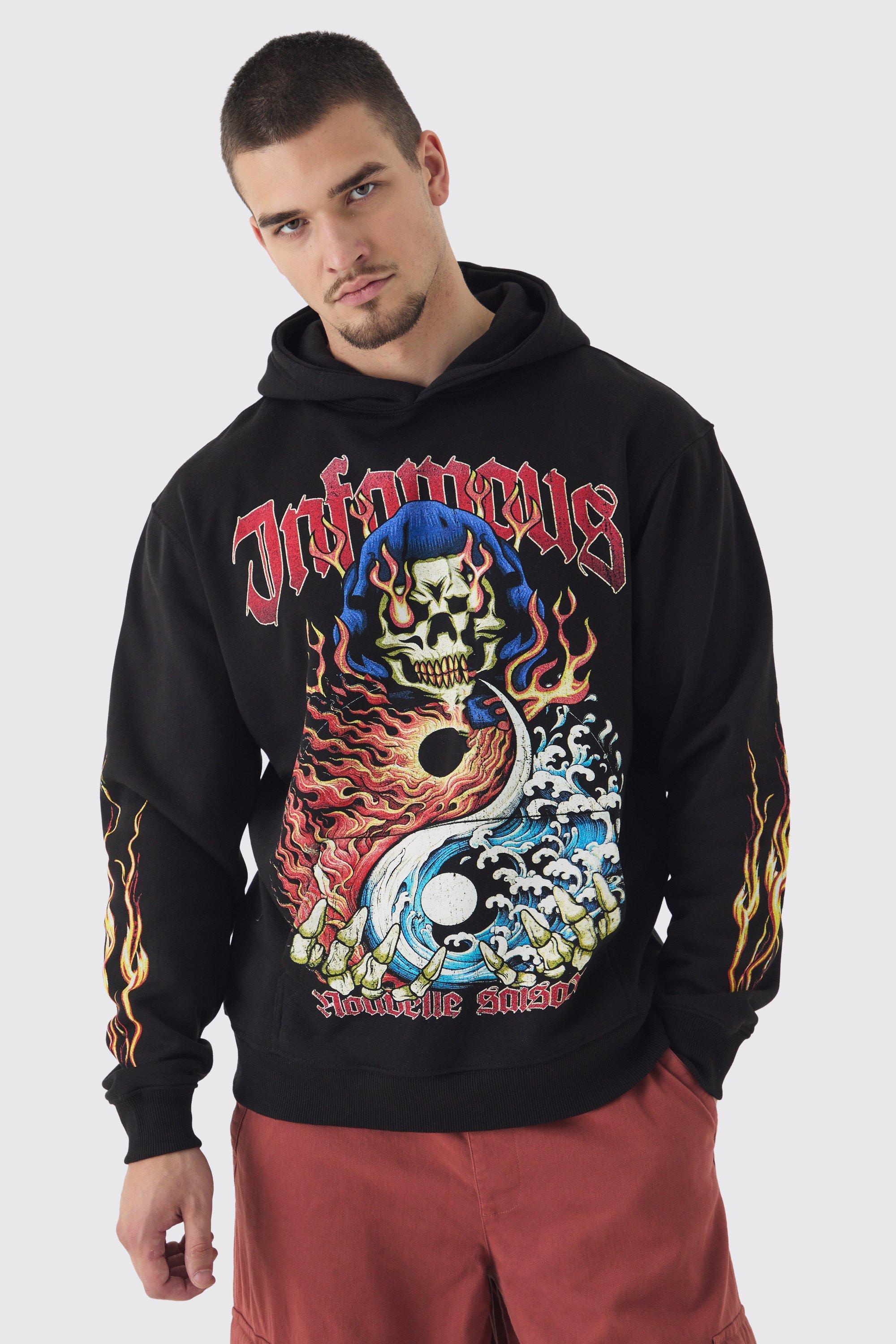 Tall Infamous Flame Print Oversized Hoodie in Black | boohooMAN USA Product Image