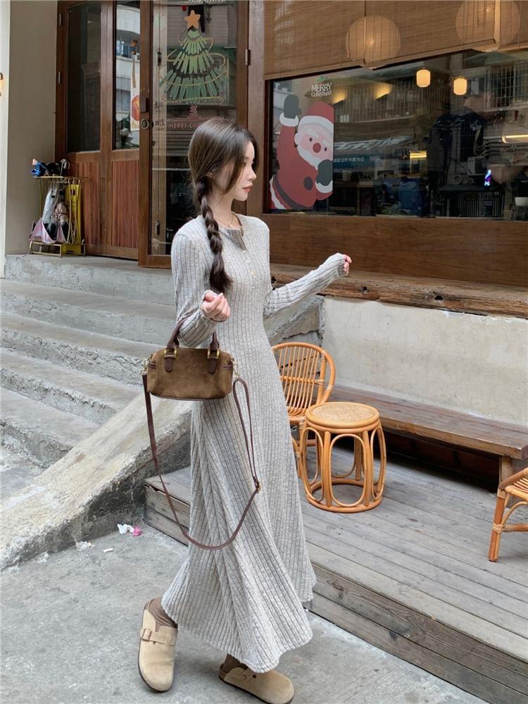 Long-Sleeve Half Buttoned Plain Knit Midi A-Line Dress Product Image