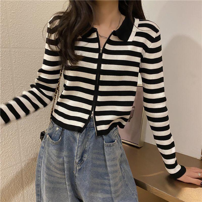 Collared Striped Zip-Up Cardigan Product Image