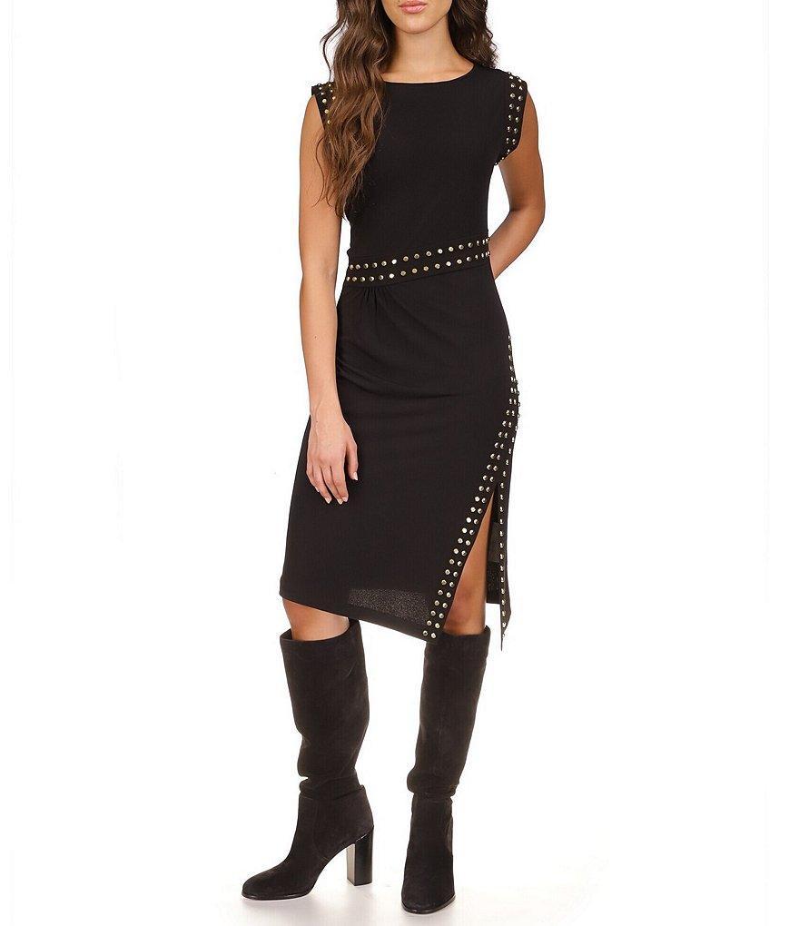 MICHAEL Michael Kors Matte Jersey Studded Crew Neck Sleeveless Asymmetrical Hemline Sheath Dress Product Image