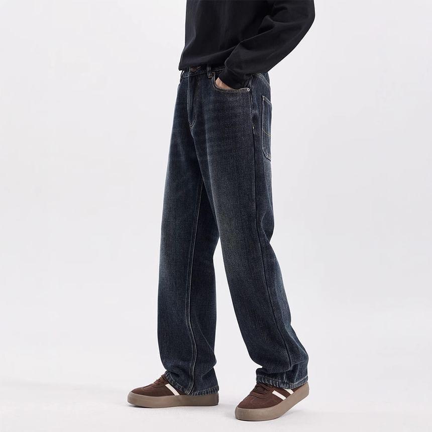 Mid Rise Washed Fleece-Lined Loose Fit Jeans Product Image