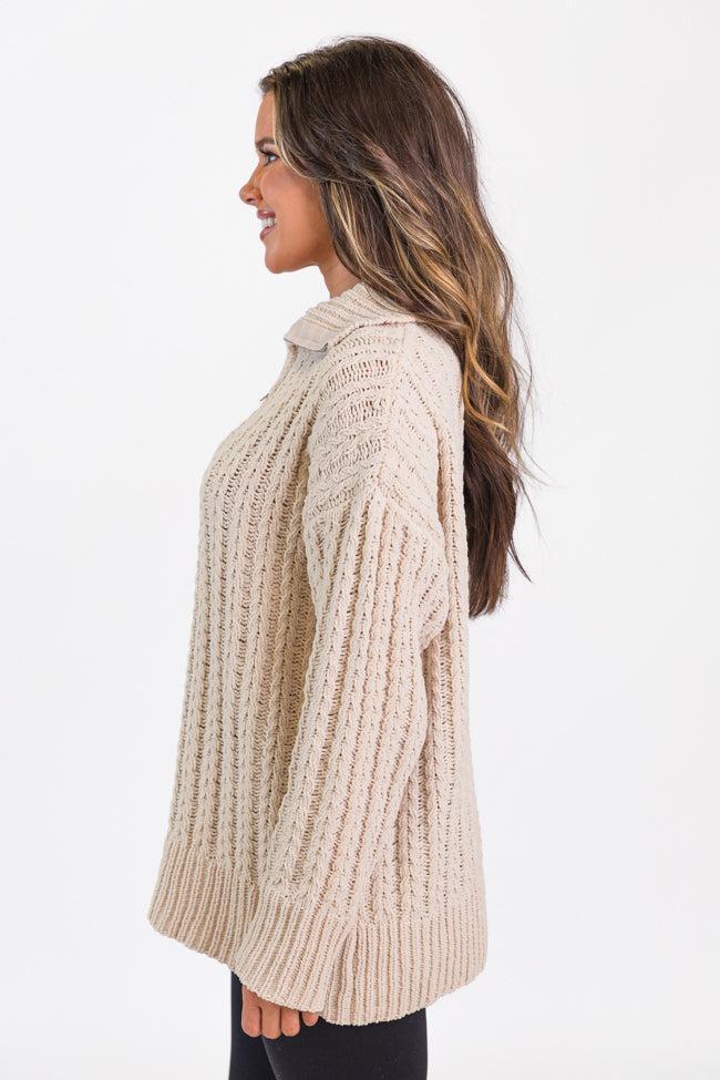 Forever Yours Beige Cable Knit Chenille Quarter Zip Sweater product image