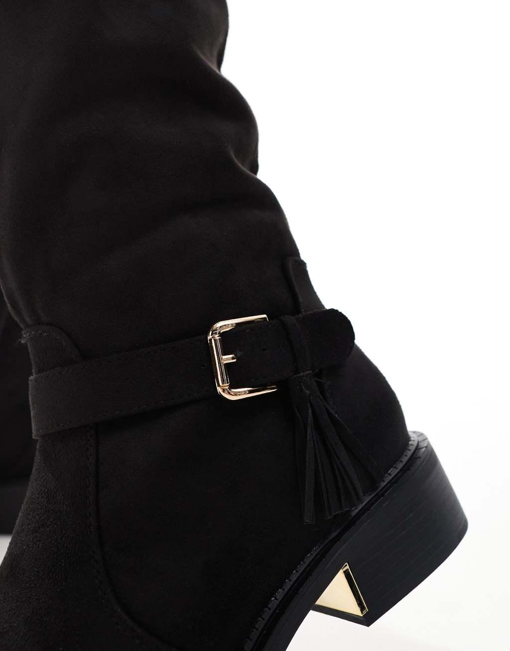 SEQWL Wide Fit over the knee flat boots with tassels in black Product Image