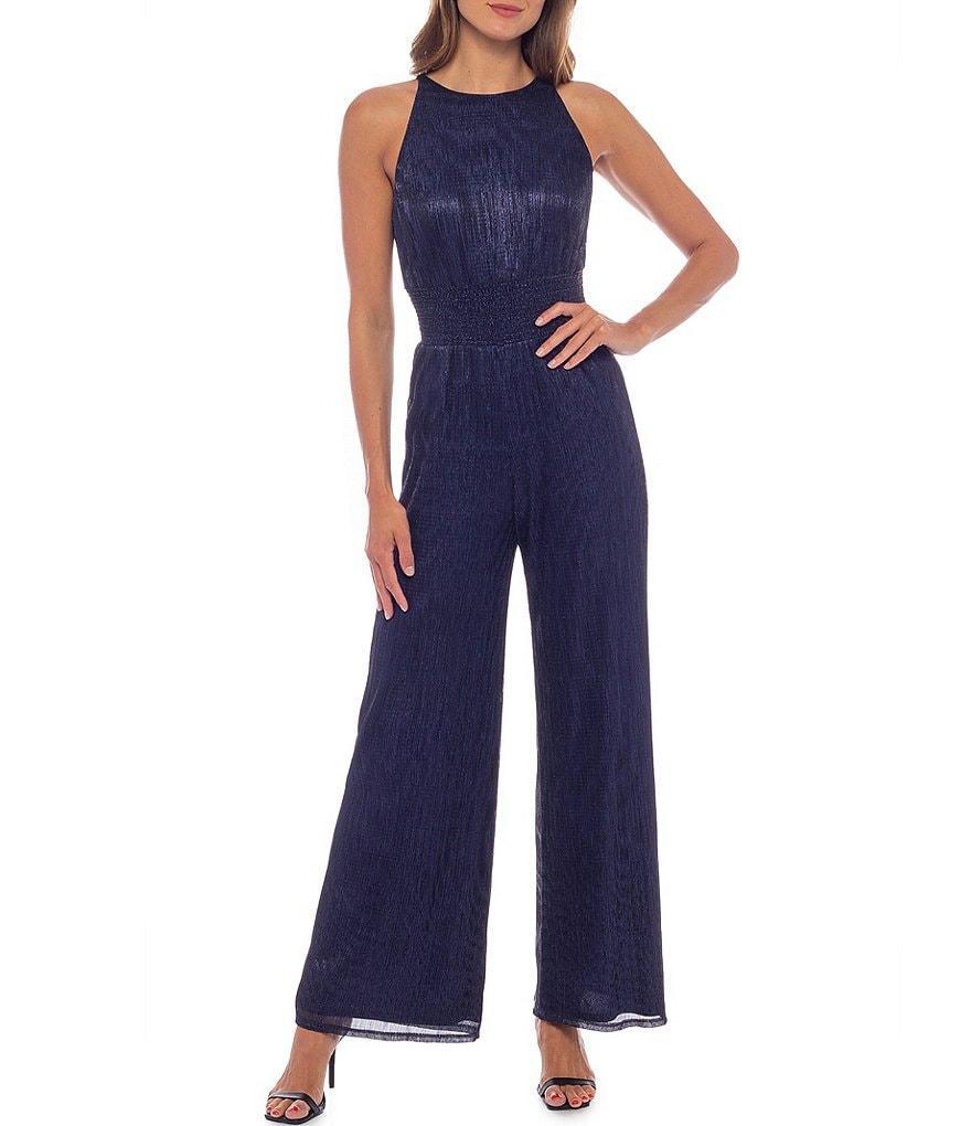 Marina Sleeveless Halter Neck Metallic Smocked Waist Jumpsuit Product Image