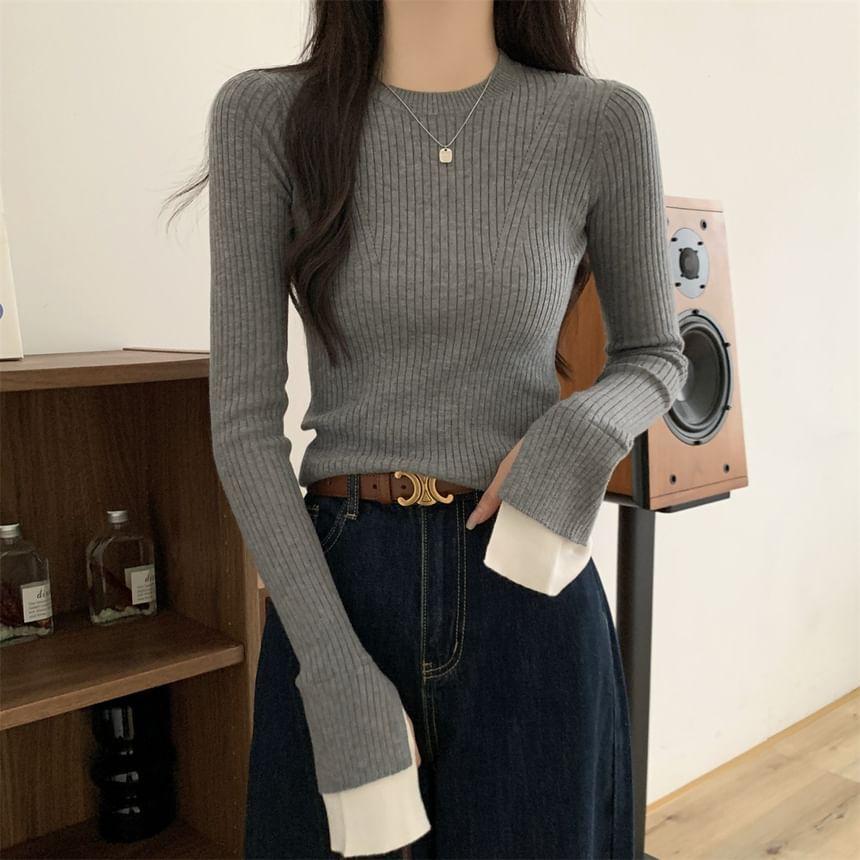 Long Sleeve Crew Neck Two Tone Panel Ribbed Knit Top Product Image