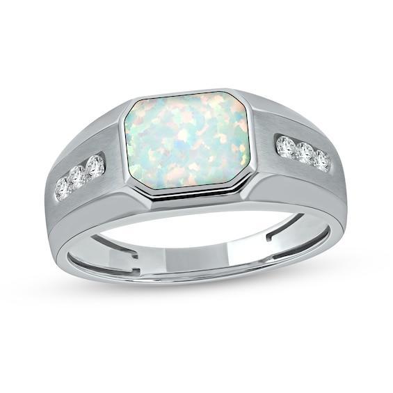 Men's Sideways Octagonal Lab-Created Opal and White Lab-Created Sapphire Tri-Sides Channel Band in Sterling Silver Product Image