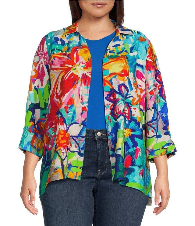 Ali Miles Plus Size Floral Print Point Collar 3/4 Sleeve High-Low Hem Button-Front Jacket Product Image