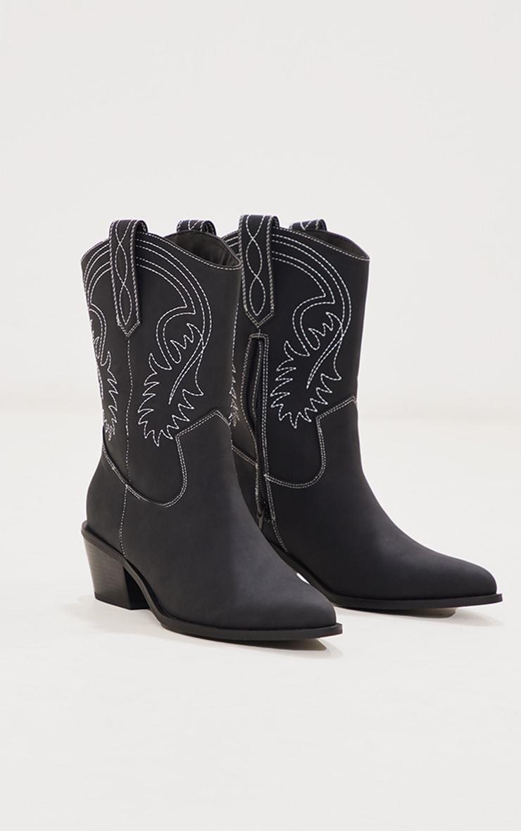 Black Faux Leather Pointed Stitch Detailing Calf Western Boots Product Image