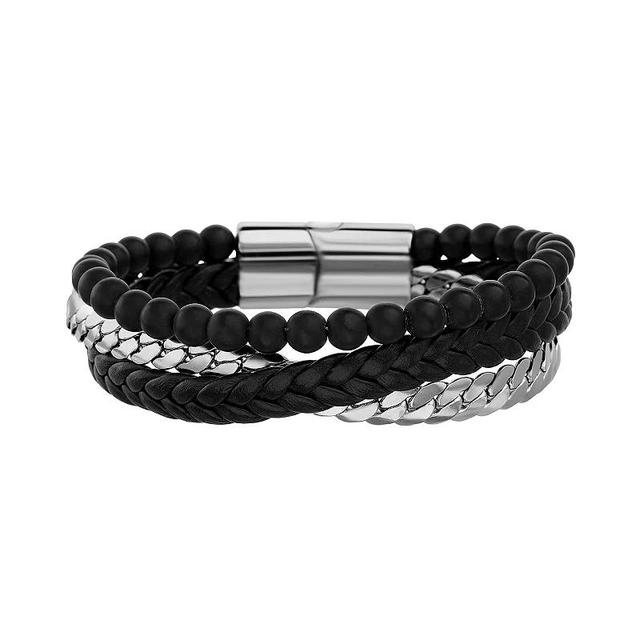 1913 Mens Triple Strand Stainless Steel, Black Vegan Leather & Black Glass Bead Bracelet Product Image