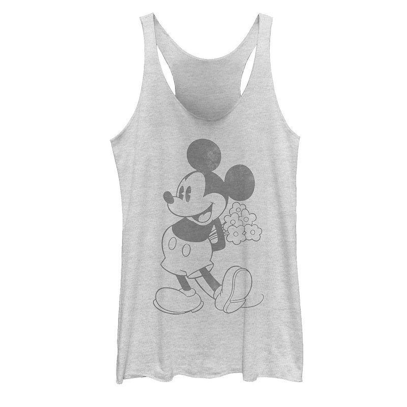 Disneys Mickey Mouse Holding Flowers Vintage Portrait Juniors Racerback Tank Top, Girls White Grey Product Image