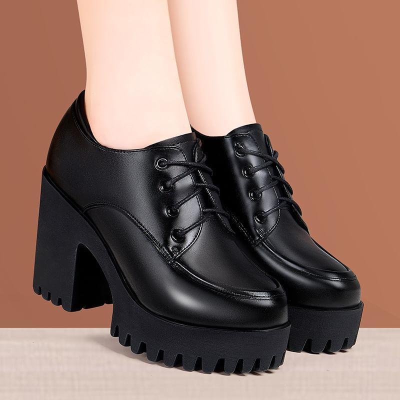 Block Heel Faux Leather Lace-Up Shoes (Various Designs) Product Image