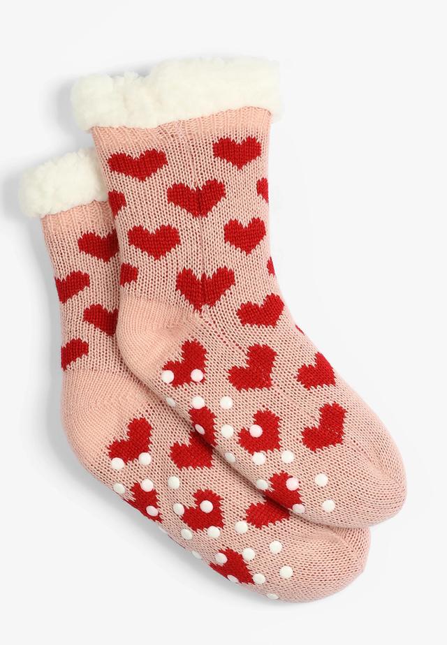 Maurices Womens Red Hearts Sherpa Lined Slipper Socks Pink Size One Size Product Image