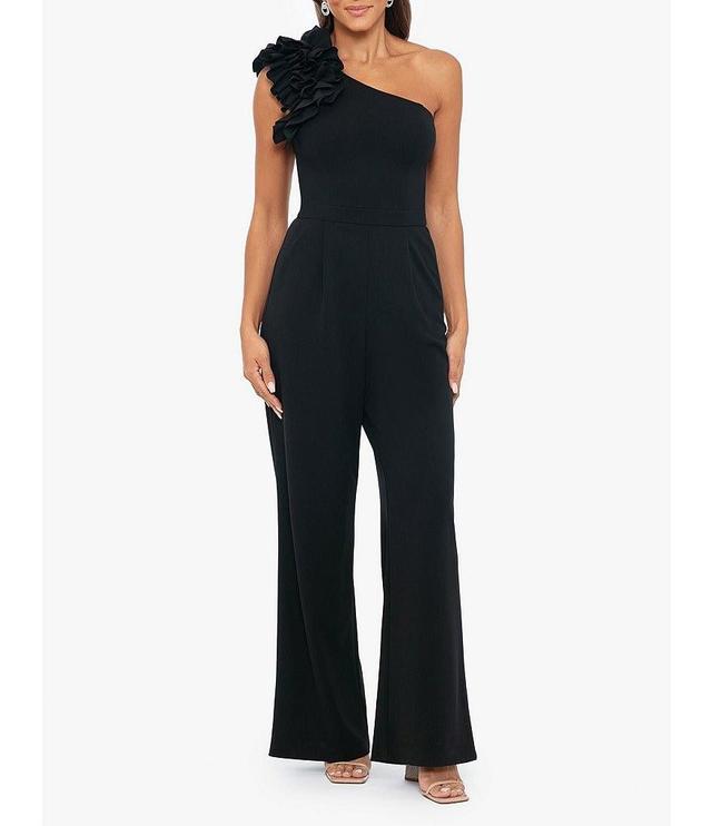 Xscape Scuba Crepe One Shoulder Sleeveless Ruffle Shoulder Straight Leg Side Pocket Jumpsuit Product Image