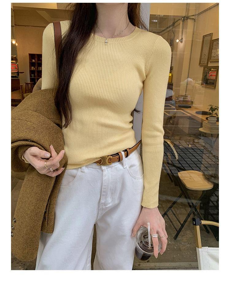 Long Sleeve Round Neck Plain Ribbed Knit Top Product Image