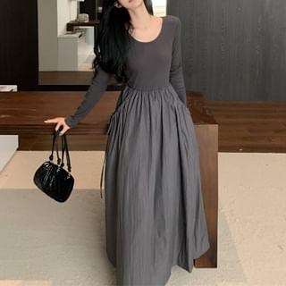 Long-Sleeve Scoop Neck Plain Maxi A-Line Dress product image