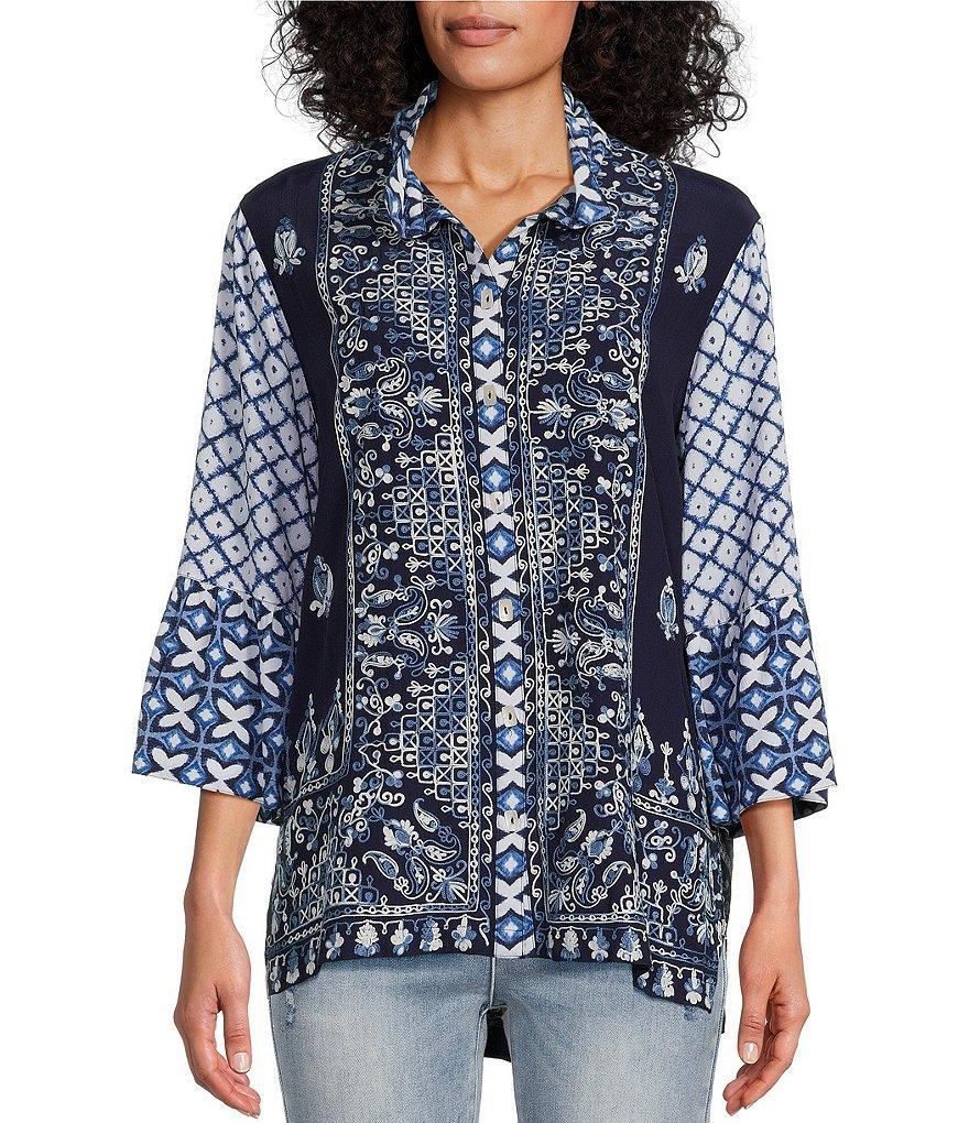 John Mark Woven Embroidered Tie Dye Print Wire Collar 3/4 Sleeve Button Front Tunic product image