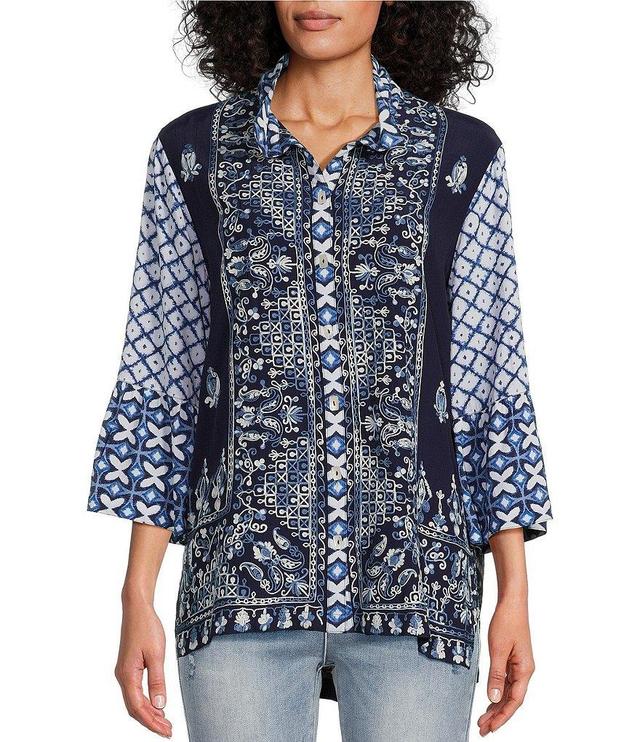 John Mark Woven Embroidered Tie Dye Print Wire Collar 3/4 Sleeve Button Front Tunic Product Image