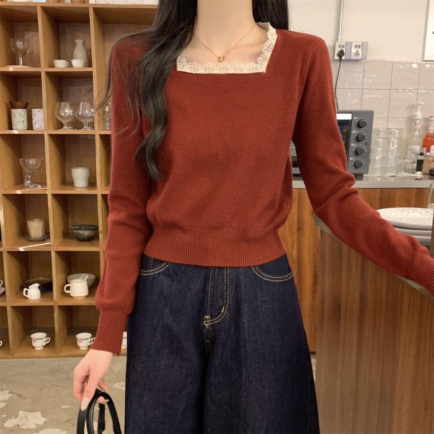 Long-Sleeve Square Neck Plain Knit Top Product Image