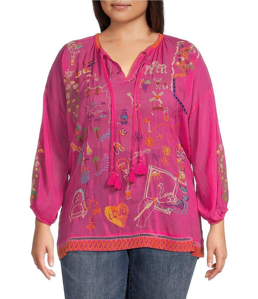 JOHNNY WAS Plus Size Selina Split V-Neck Long Sleeve Embroidered Blouse Product Image