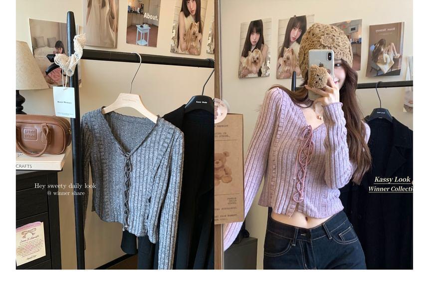 Long-Sleeve V-Neck Plain Ribbed Lace-Up Crop Knit Top Product Image