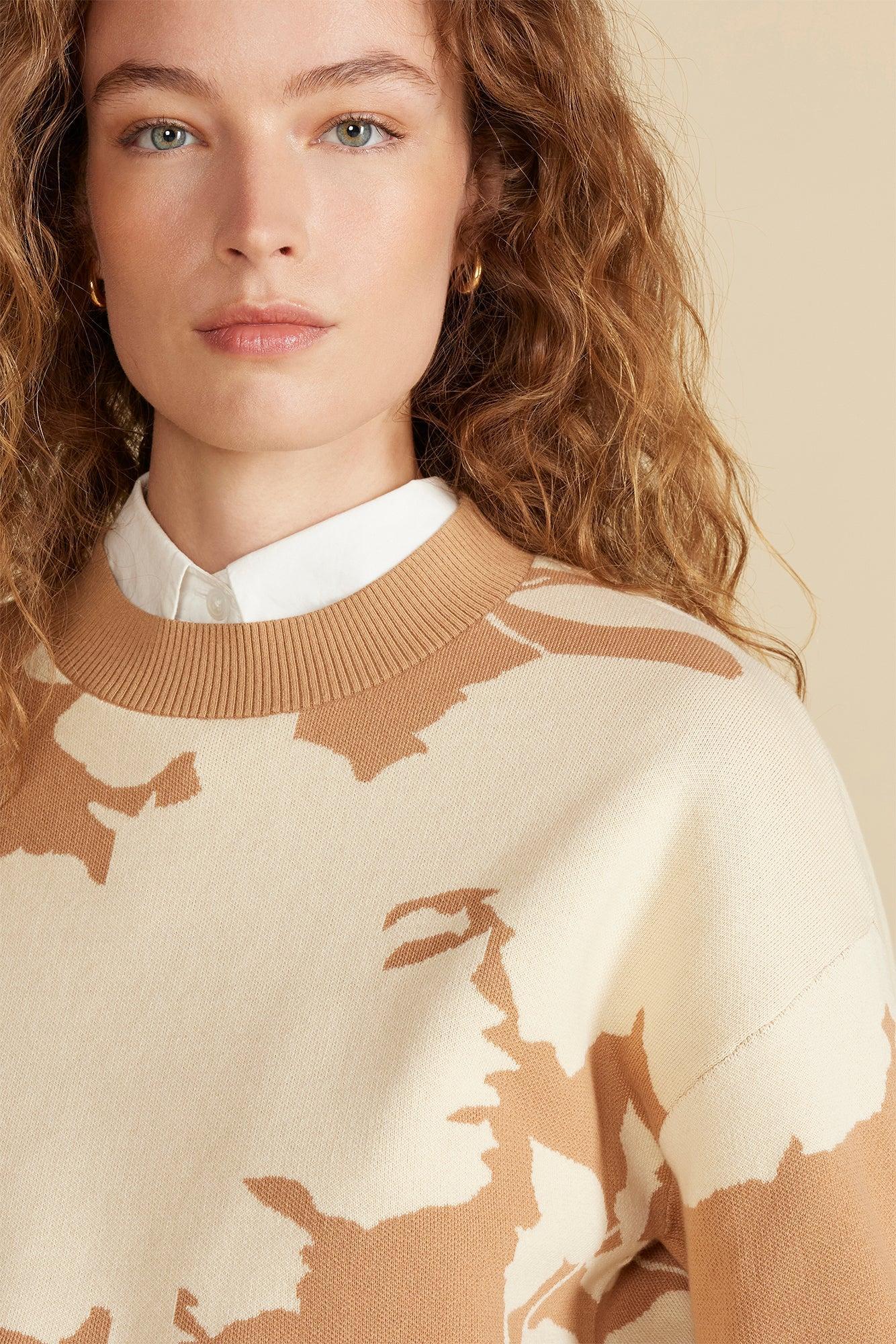 Martha Organic Cotton Jacquard Sweater - Camel and Ivory Abstract Floral Product Image