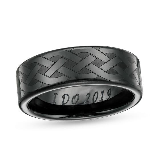 Men's 8.0mm Engravable Multi-Finish Celtic Knot Wedding Band in Black Ceramic (1 Line) Product Image