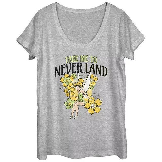 Disneys Tinker Bell Take Me To Never Land Flowers Scoop Neck Juniors Graphic Tee, Womens Athletic Grey Product Image