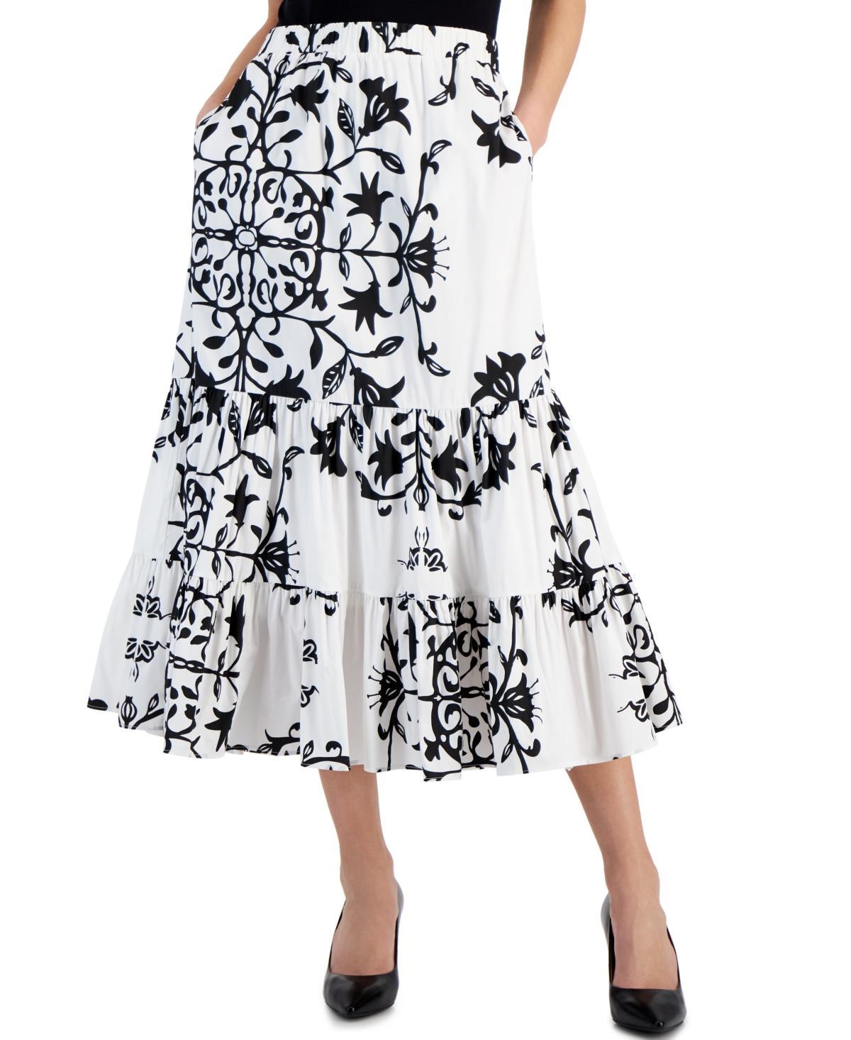 T Tahari Womens Printed Pull-On Tiered Midi Skirt Product Image